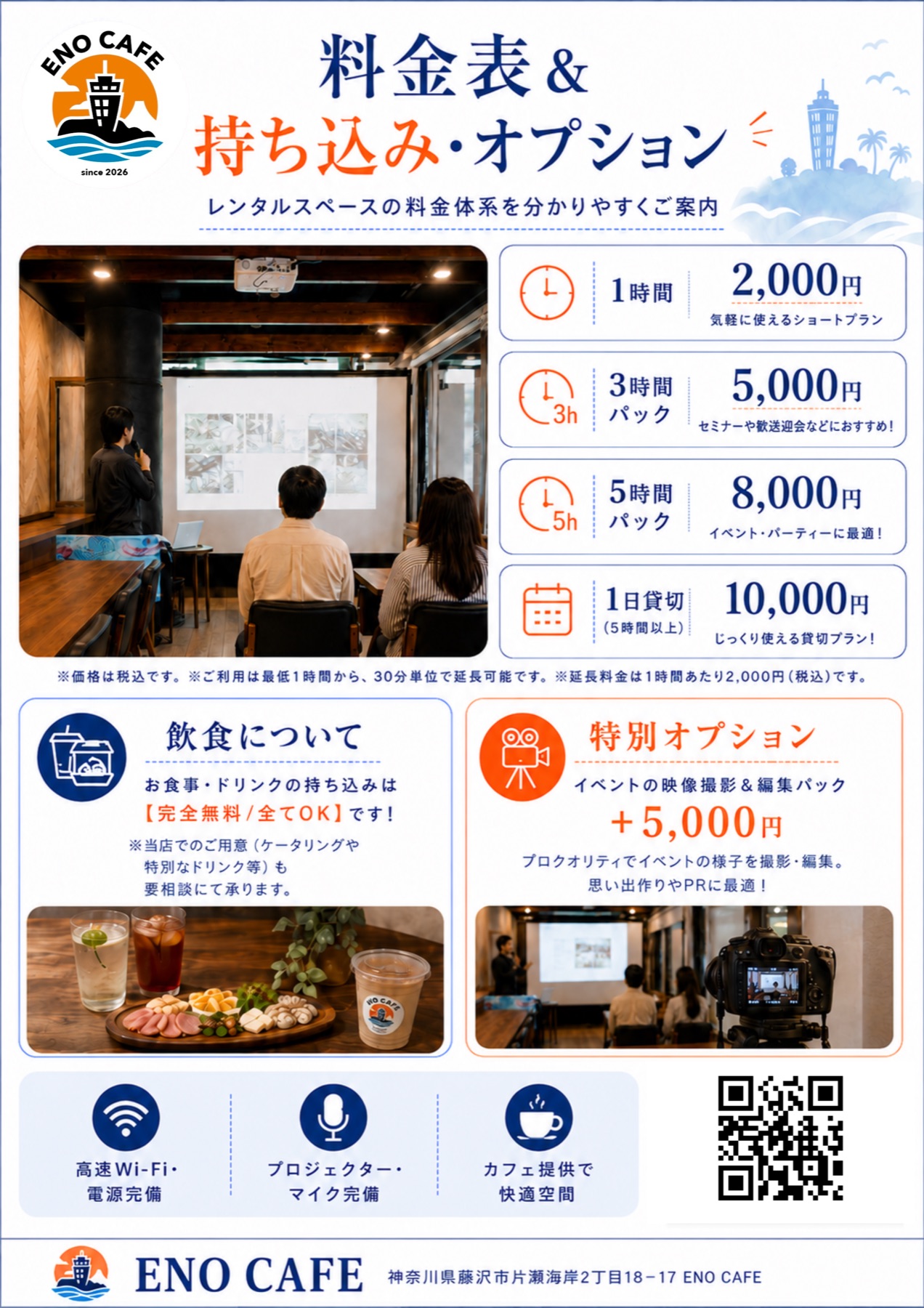 ENO CAFEのレンタル料金とオプションを案内するポスター